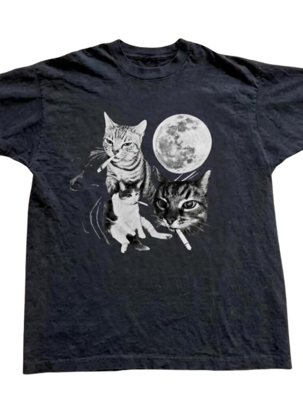 Gildan Black Graphic Tee with Cat smoking & Moon, Funny meme shirt